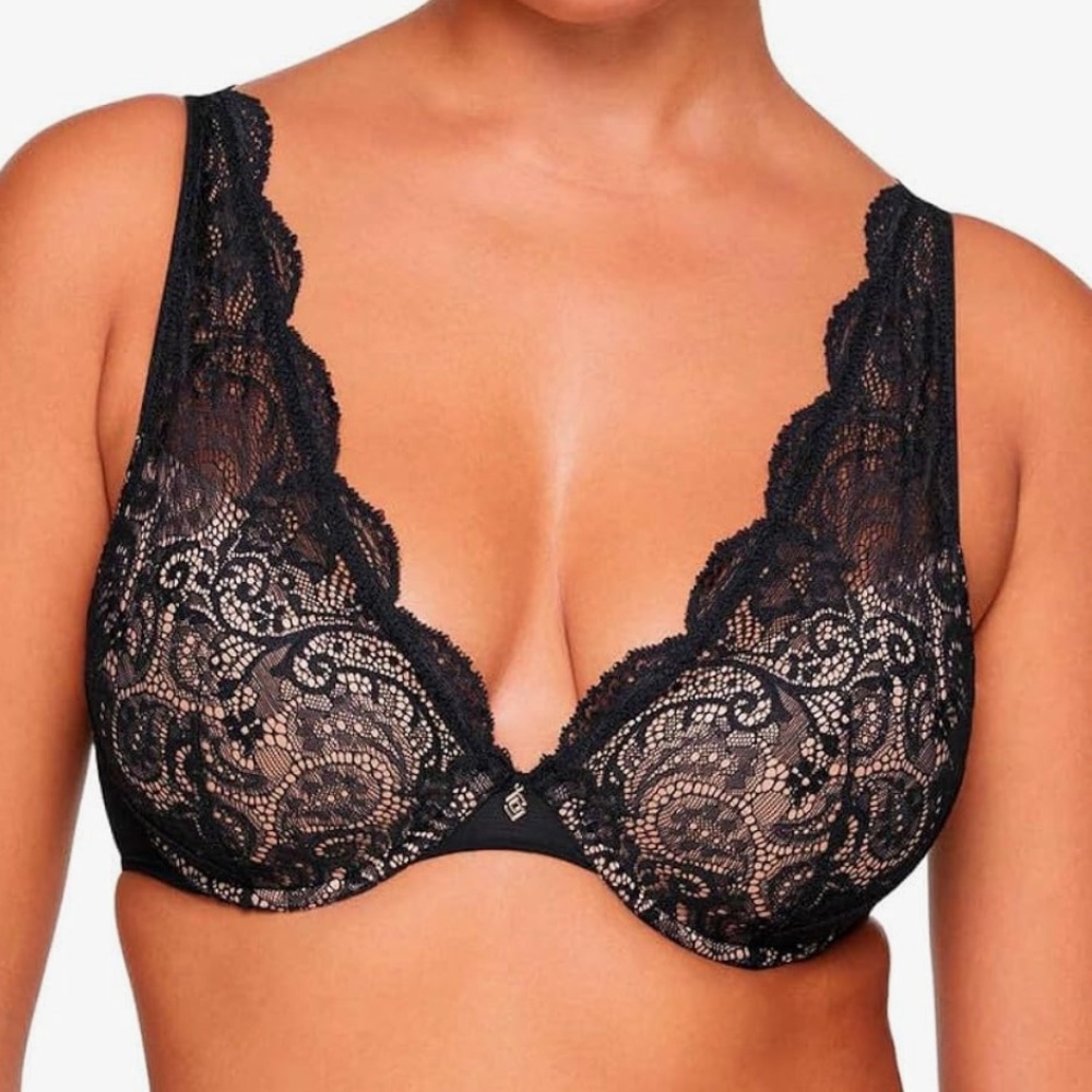 ThirdLove Women’s Lace Contour Plunge Bra Underwire & Moderate Push Up Black 44E
